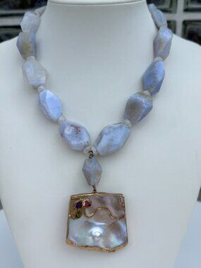 Blue Lace Agate Necklace. Shell Pendant Necklace Nucleated Pearl.